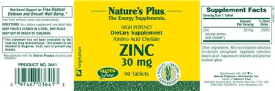 Photo of the Nature's Plus Zinc 30 mg label