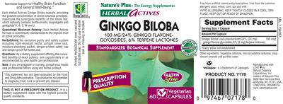 Photo of the Nature's Plus Herbal Actives Ginkgo biloba 100 mg label