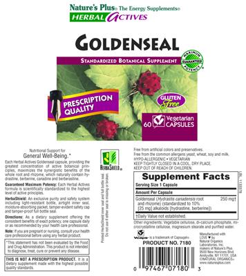 Photo of the Nature's Plus Herbal Actives Goldenseal 250 mg label