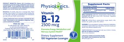 Photo of the PhysioLogics Vitamin B-12 2500 mcg label