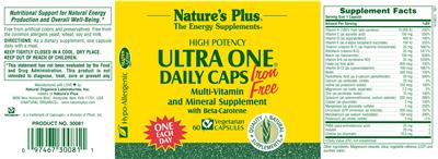 Photo of the Nature's Plus High Potency Ultra One Daily Caps Iron Free With Beta-Carotene label