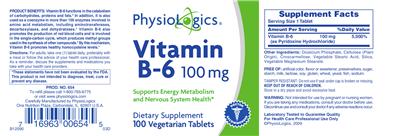Photo of the PhysioLogics Vitamin B-6 100 mg label