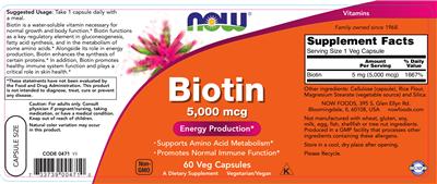 Photo of the NOW Biotin 5,000 mcg label
