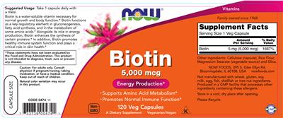 Photo of the NOW Biotin 5,000 mcg label