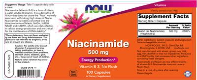 Photo of the NOW Niacinamide 500 mg label