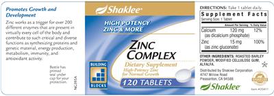 Photo of the Shaklee Zinc Complex label