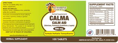 Photo of the Sunshine Naturals Calma Calm Aid 500 mg label