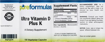 Photo of the PureFormulas Ultra Vitamin D plus K label