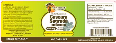 Photo of the Sunshine Naturals Cascara Sagrada 450 mg label