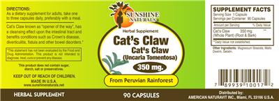Photo of the Sunshine Naturals Cat's Claw 350 mg label