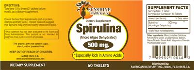 Photo of the Sunshine Naturals Spirulina 500 mg label