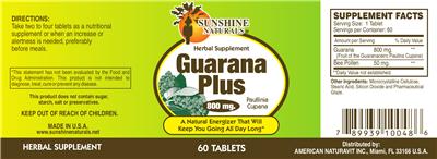 Photo of the Sunshine Naturals Guarana Plus 800 mg label