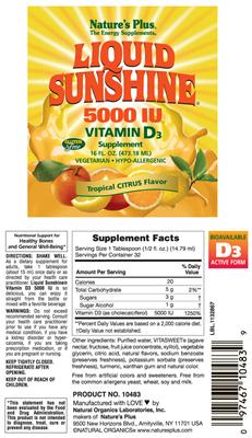 Photo of the Nature's Plus Liquid Sunshine 5000 IU Vitamin D3 Tropical Citrus Flavor label