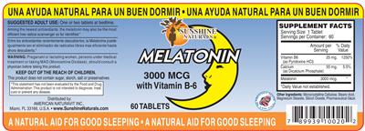 Photo of the Sunshine Naturals Melatonin 3000 mcg with Vitamin B-6 label