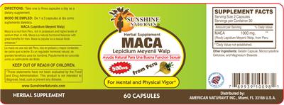 Photo of the Sunshine Naturals Maca 500 mg label