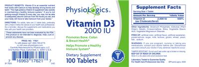 Photo of the PhysioLogics Vitamin D3 2000 IU label