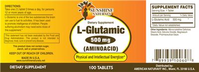 Photo of the Sunshine Naturals L-Glutamic 500 mg label