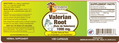 Photo of the Sunshine Naturals Valerin Root 1000 mg label