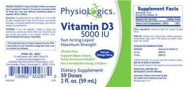 Photo of the PhysioLogics Vitamin D3 5000 IU label