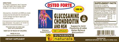 Photo of the Sunshine Naturals Glucosamine Chondroitin And MSM 1000 mg label