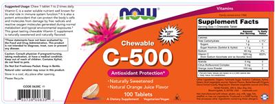 Photo of the NOW Chewable C-500 Natural Orange Juice Flavor label