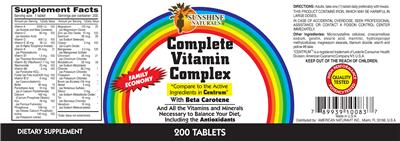 Photo of the Sunshine Naturals Complete Vitamin Complex label