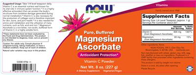 Photo of the NOW Pure, Buffered Magnesium Ascorbate label