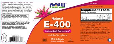 Photo of the NOW Natural E-400 label