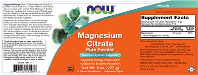 Photo of the NOW Magnesium Citrate Pure Powder label