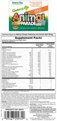 Photo of the Nature's Plus Source of Life Animal Parade Children's Chewable Multi-Vitamin & Mineral Supplement Natural Orange Flavor label