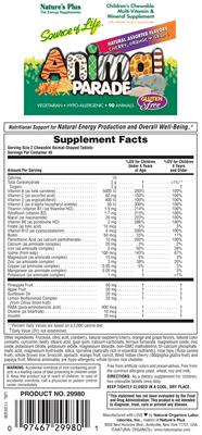 Photo of the Nature's Plus Source of Life Animal Parade Children's Chewable Multi-Vitamin & Mineral Supplement label