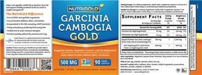 Photo of the NutriGold Garcinia Cambogia Gold 500 mg label