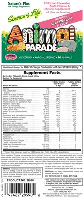 Photo of the Nature's Plus Source of Life Animal Parade Children's Chewable Multi-Vitamin & Mineral Supplement Natural Watermelon Flavor label