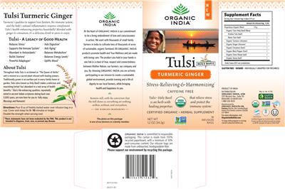 Photo of the Organic India Tulsi Holy Basil Turmeric Ginger label