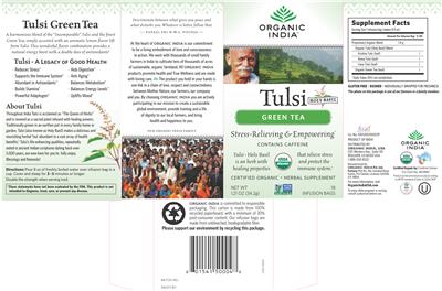 Photo of the Organic India Tulsi Holy Basil Green Tea label