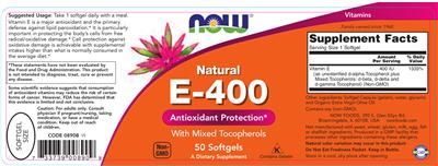 Photo of the NOW Natural E-400 label
