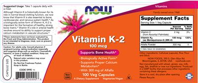 Photo of the NOW Vitamin K-2 100 mcg label