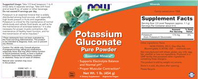 Photo of the NOW Potassium Gluconate Pure Powder label