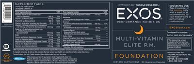 Photo of the EXOS Performance Nutrition Multi-Vitamin Elite P.M. label