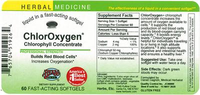 Photo of the Herbs, Etc. ChlorOxygen Chlorophyll Concentrate Softgels label