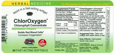 Photo of the Herbs, Etc. ChlorOxygen Chlorophyll Concentrate Softgels label