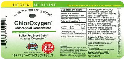 Photo of the Herbs, Etc. ChlorOxygen Chlorophyll Concentrate Softgels label