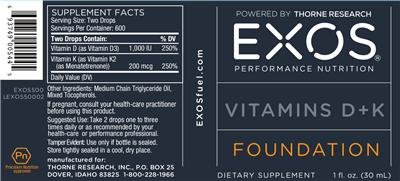 Photo of the EXOS Performance Nutrition Vitamins D + K label
