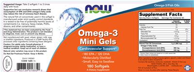 Photo of the NOW Omega-3 Mini Gels label