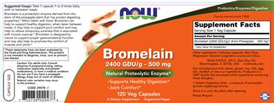 Photo of the NOW Bromelain 2400 GDU/g - 500 mg label