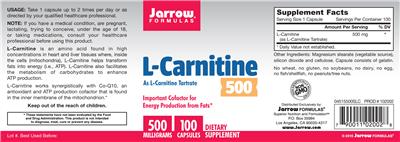Photo of the Jarrow Formulas L-Carnitine 500 mg label