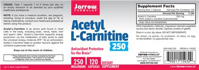 Photo of the Jarrow Formulas Acetyl L-Carnitine 250 mg label