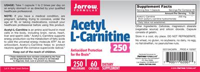 Photo of the Jarrow Formulas Acetyl L-Carnitine 250 mg label