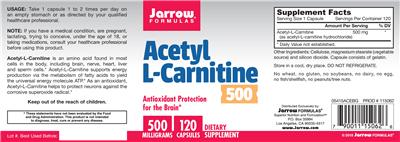 Photo of the Jarrow Formulas Acetyl L-Carnitine 500 mg label
