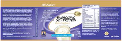Photo of the Shaklee Energizing Soy Protein Natural Vanilla Flavor label